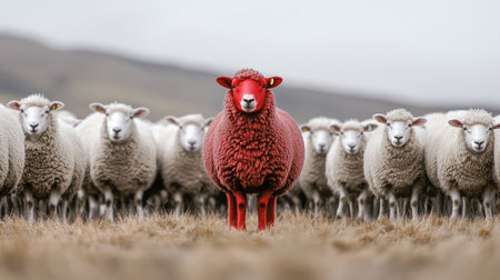 A red sheep graphic standing confidently among a group of white sheep in a field. Represents individuality and diversity.の素材