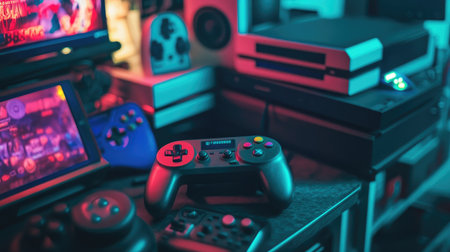 A retro joystick among modern gaming consoles, highlighting diversity in gaming tech.の素材