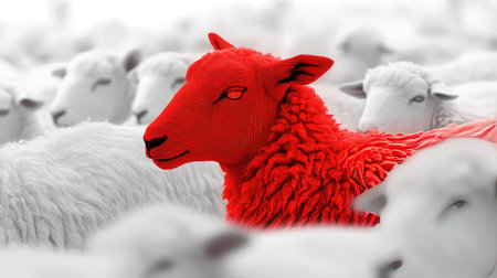 Abstract design of a red sheep glowing amid plain white sheep. Focus on embracing differences and diversity.の素材