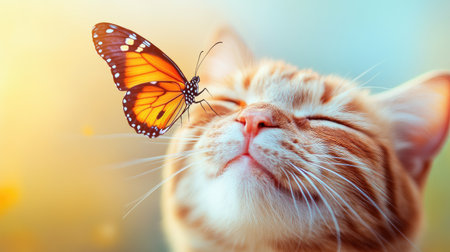 A colorful butterfly on the nose of a smiling cat, creating a playful and joyful natural moment.の素材