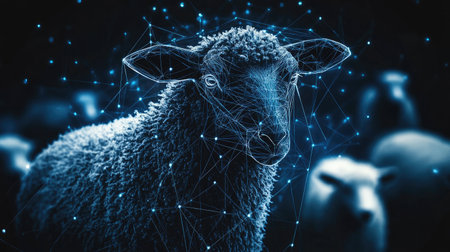 A glowing black sheep graphic with abstract connections to surrounding white sheep, symbolizing harmony in diversity.の素材