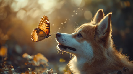 A playful dog with a butterfly on its nose, showcasing a joyful and harmonious interaction in nature.の素材