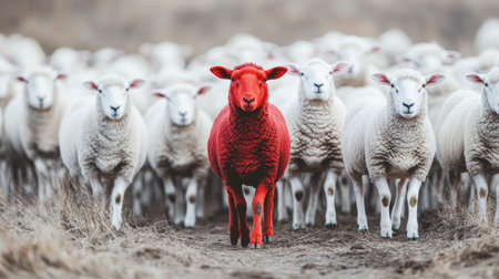 A red sheep leading a group of white sheep, symbolizing leadership and diversity in action.の素材