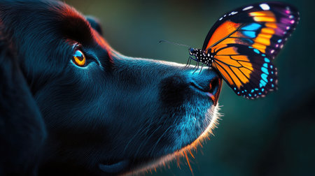 A colorful butterfly delicately balancing on a dog's wet nose, radiating warmth and innocence.の素材