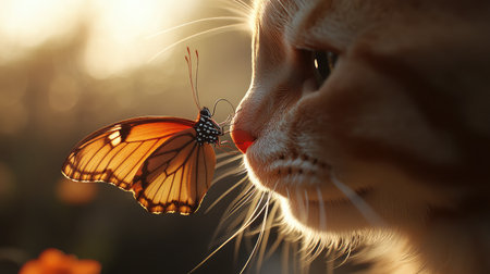 A close-up of a butterfly interacting with a cat nose, their connection framed by soft, natural lighting.の素材