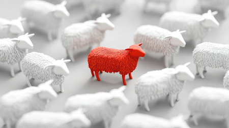 Minimalistic red sheep graphic centered among white sheep silhouettes, symbolizing diversity and uniqueness.の素材