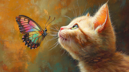 A butterfly with colorful wings gracefully balanced on a kitten's pink nose, evoking innocence and charm.の素材