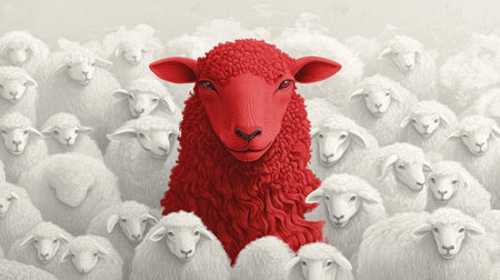 A red sheep graphic with detailed textures, surrounded by plain white sheep silhouettes, showcasing individuality.の素材