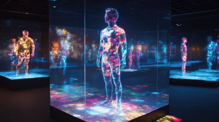 A colorful, fragmented hologram among clear projections, representing diversity in tech visuals.の素材