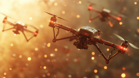 A drone with mismatched propellers flying among identical ones, symbolizing diversity in performance.の素材