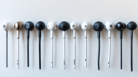 A mismatched pair of earbuds in a lineup of identical pairs, representing diversity in utility.の素材
