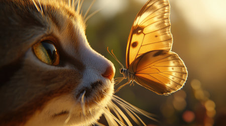 A close-up of a butterfly interacting with a cat nose, their connection framed by soft, natural lighting.の素材
