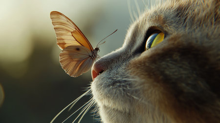 A serene butterfly perched on a fluffy cat's nose, creating a captivating and natural close-up.の素材