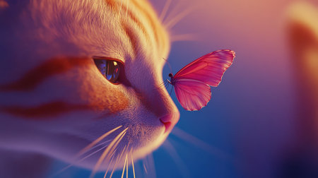 A vibrant butterfly resting gently on a cat's pink nose, capturing a serene and friendly moment in nature.の素材