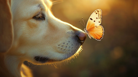 A soft, pastel-colored butterfly resting on a dog wet nose, exuding calmness and natural beauty.の素材