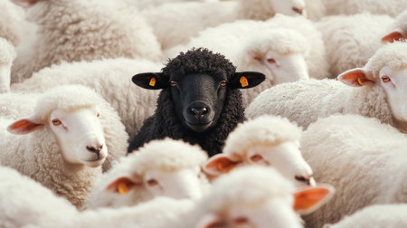 A vibrant black sheep surrounded by white sheep in a contrasting graphic design, showcasing the beauty of differences.の素材