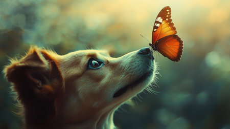 A curious dog with wide eyes as a butterfly gently perches on its nose, embodying innocence and wonder.の素材