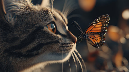Close-up of a cat with a butterfly on its nose, its whiskers framing the delicate interaction beautifully.の素材