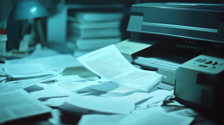 A printer producing a smeared page among perfectly printed ones, representing diversity in output.の素材