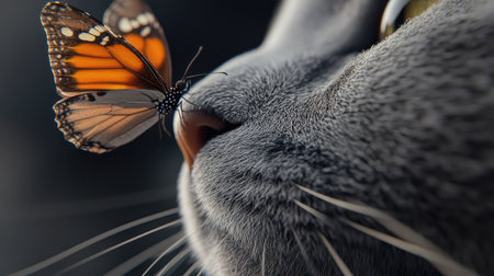 A stunning close-up of a butterfly perched on a gray cat's nose, emphasizing the beauty of their contrast.の素材