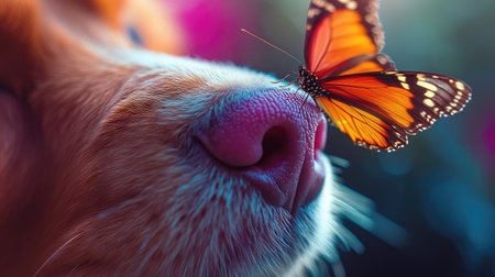 Close-up of a butterfly resting on a dog's pink nose, its wings creating a beautiful splash of color.の素材