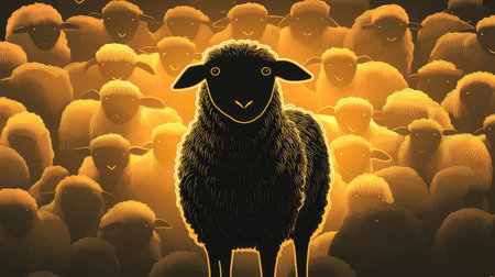 Graphic of a black sheep with glowing outlines, surrounded by plain white sheep silhouettes, emphasizing diversity.の素材