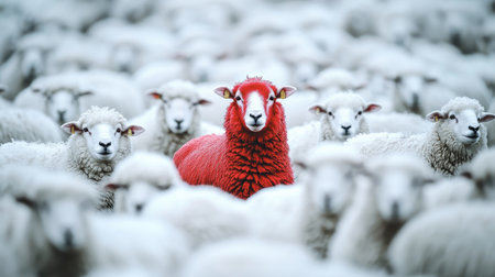A red sheep in a dynamic pose, surrounded by calm white sheep, representing vibrant individuality in a uniform world.の素材
