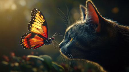 A colorful butterfly softly touching a cat's nose, highlighting an innocent and friendly interaction.の素材