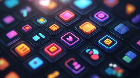 A pixelated icon among sharp, clear icons on a digital interface, showcasing diversity in digital landscapes.の素材