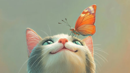 A colorful butterfly on the nose of a smiling cat, creating a playful and joyful natural moment.の素材
