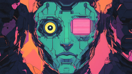 A glitchy robot face with one pixelated eye among flawless androids, representing technological diversity.の素材