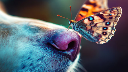 Close-up of a butterfly resting on a dog's pink nose, its wings creating a beautiful splash of color.の素材