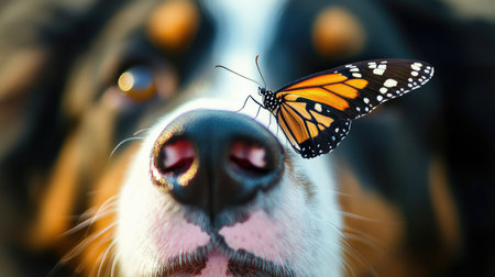 Close-up of a butterfly resting on a dog's pink nose, its wings creating a beautiful splash of color.の素材