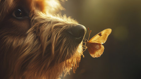 A tender close-up of a butterfly on a golden dog's nose, highlighting the beauty of their unique connection.の素材