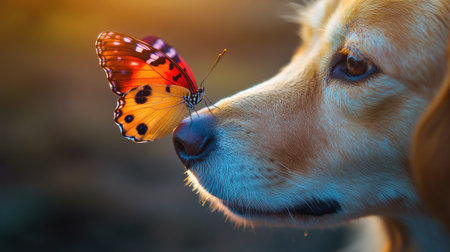 A colorful butterfly delicately balancing on a dog's wet nose, radiating warmth and innocence.の素材