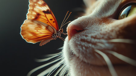 Close-up of a delicate butterfly perched on a curious cat's nose, radiating warmth and natural harmony.の素材