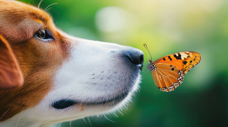 A gentle butterfly on a dog wet nose, with a blurred green background adding depth to the natural scene.の素材
