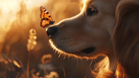 A detailed shot of a butterfly on a golden retriever's nose, creating a serene and friendly moment in nature.の素材