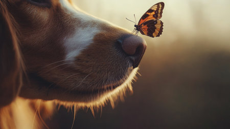 A tender close-up of a butterfly on a golden dog's nose, highlighting the beauty of their unique connection.の素材