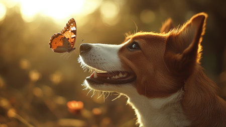 A playful dog with a butterfly on its nose, showcasing a joyful and harmonious interaction in nature.の素材