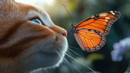 A vibrant butterfly balancing on a playful cat's nose, creating a unique and friendly natural connection.の素材