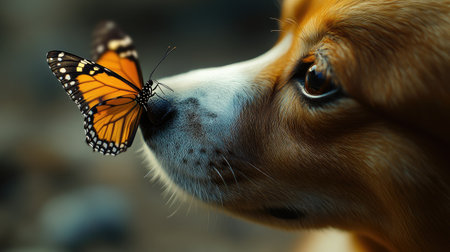A vibrant butterfly resting on a brown dog's nose, capturing the gentle harmony of nature and companionship.の素材