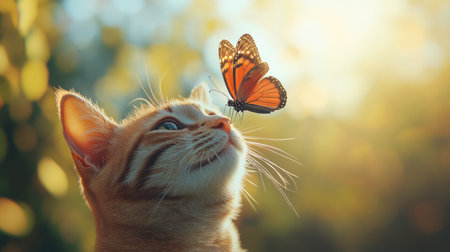 A colorful butterfly on the nose of a smiling cat, creating a playful and joyful natural moment.の素材