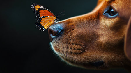 A vibrant butterfly resting on a brown dog's nose, capturing the gentle harmony of nature and companionship.の素材