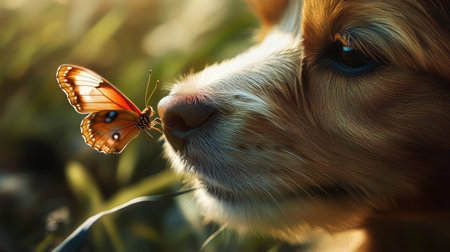 A tender close-up of a butterfly on a golden dog's nose, highlighting the beauty of their unique connection.の素材