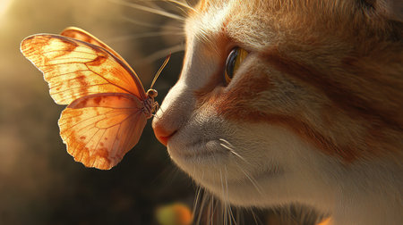 A tender moment as a butterfly gently lands on a cat nose, creating a perfect blend of curiosity and calmness.の素材