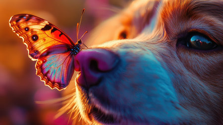 Close-up of a butterfly resting on a dog's pink nose, its wings creating a beautiful splash of color.の素材