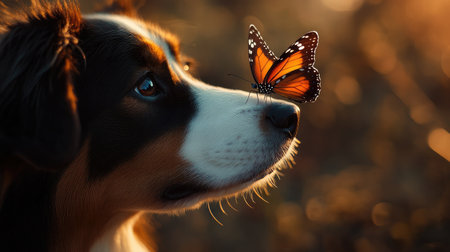 Close-up of a butterfly perched on a curious dog's nose, with soft natural light enhancing the friendly scene.の素材
