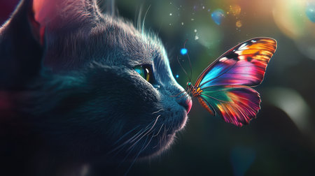 A colorful butterfly softly touching a cat's nose, highlighting an innocent and friendly interaction.の素材