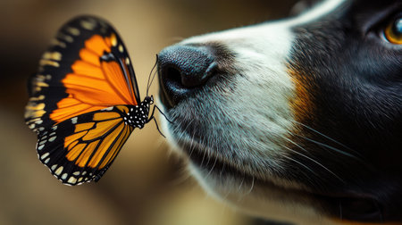 A vibrant butterfly gently resting on a dog's nose, capturing a heartwarming and natural moment of connection.の素材